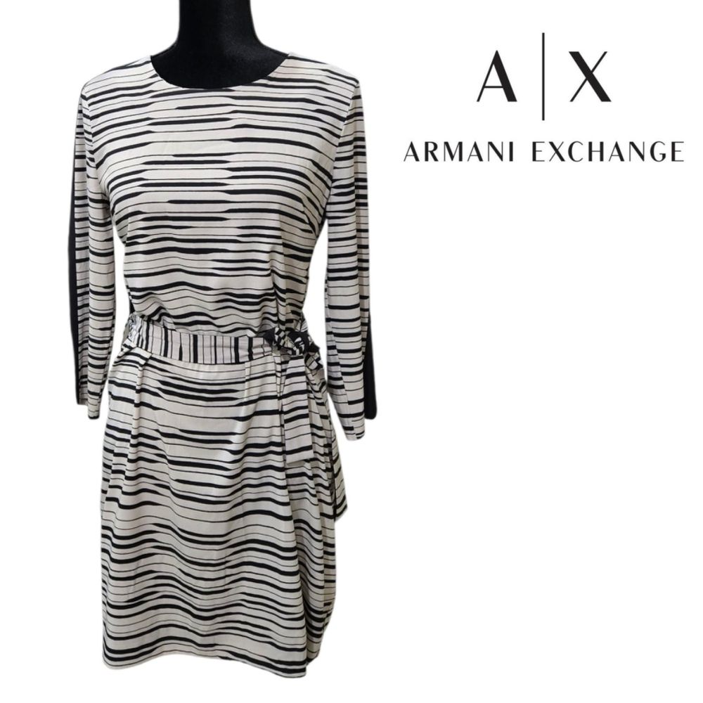 Armani Exchange Stripe Black/Cream Shift Dress Belted Waist Tie Execellent !!!